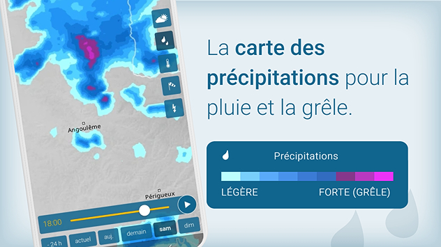 La carte des précipitations pour la pluie et la grêle. Échelle de couleurs : de bleu clair pour les faibles pluies jusqu'à magenta pour les fortes pluies, voire la grêle.
