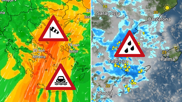 Weather maps showing the risk of storms and flooding in Greece, as well as heavy rain and thunderstorms on Spain’s east coast.