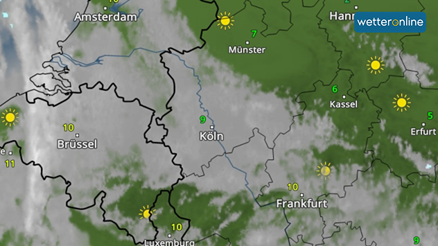 WetterRadar mit Sonne-Wolken-Symbol über Westdeutschland, teils sonnig, teils bewölkt.