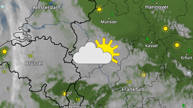 WetterRadar mit Sonne-Wolken-Symbol über Westdeutschland, teils sonnig, teils bewölkt.