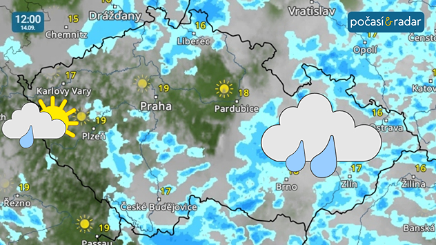Meteoradar, screenshot, 14. 9. 12:00: Pondělí přinese zpočátku velkou oblačnost a místy déšť, během odpoledne bude od severozápadu docházet k ustávání srážek a protrhávání oblačnosti.