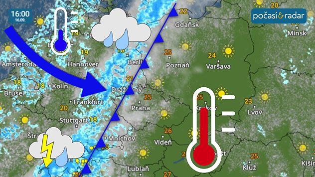 Meteoradar, screenshot, 16. září 16:00: Ve středu budou maximální teploty růst až k 26 °C, během dne však od severozápadu dorazí studená fronta.