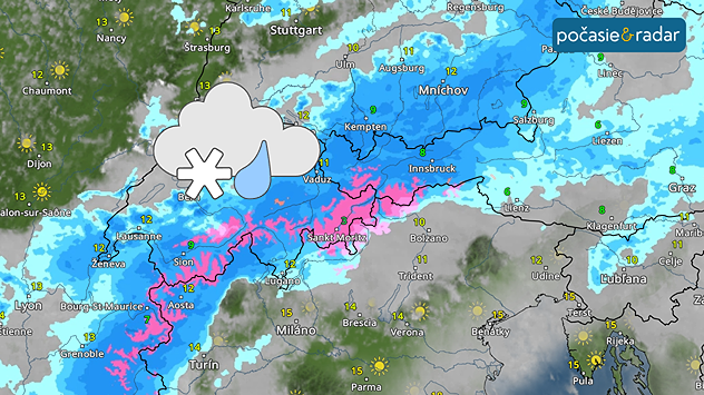 Radarovo-satelitná mapa Álp s rozsiahlymi zrážkami, pričom ružové oblasti označujú sneženie vo vyšších polohách a modré dažďové zrážky v nižších oblastiach, doplnená ikonou dažďa a snehu.