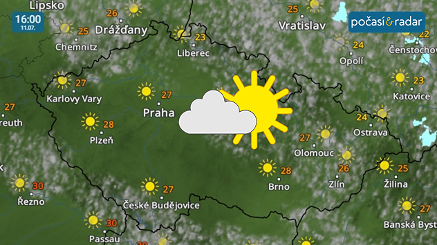 Meteoradar, screenshot, 11. 7. 16:00: Sobotní odpoledne přinese do Česka slunečné počasí s teplotami kolem letních 27 °C. Na obloze bude převládat jasno až polojasno. Mírně chladněji zůstane na severovýchodě území.