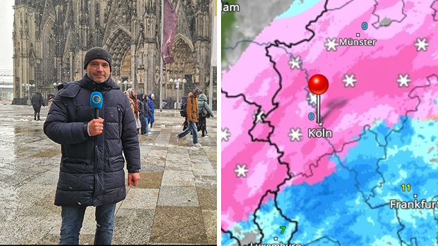 In Köln schneit es kräftig. Unser Reporter berichtet vor Ort.
