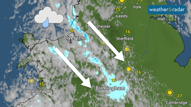 Weather map showing showers moving southeast from Liverpool toward Birmingham, driven by Cheshire Gap convergence across central England.