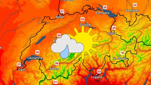 Temperaturkarte der Schweiz mit Sonne-Wolken-Symbol und sommerlichen 22 bis 25 Grad.