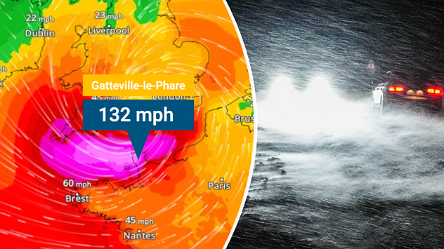 On the left, a wind map shows hurricane-force winds over the English Channel. On the right, snow and strong winds hamper visibility on a road.