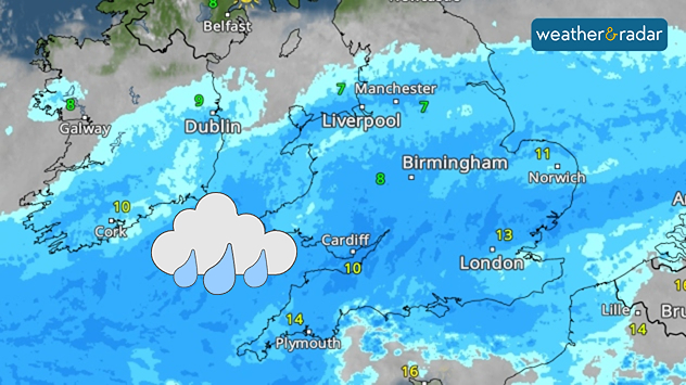 Weather radar showing widespread heavy rain across Wales, England, and south-east Ireland.