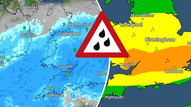Split-screen weather map showing blue rain coverage over western UK and Ireland, and yellow to orange warning zones over England and Wales, with a rain hazard symbol in the centre.