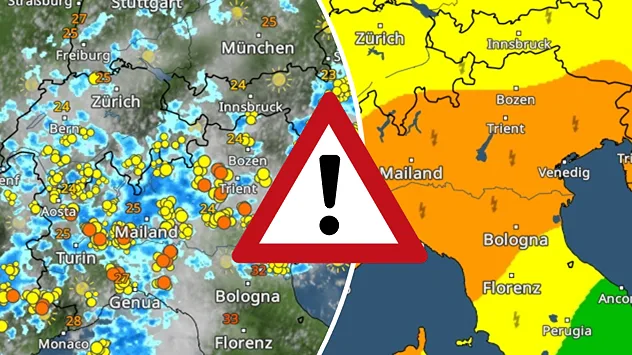 Wetterkarten mit kräftigen Gewittern und erhöhter Unwettergefahr in Norditalien.