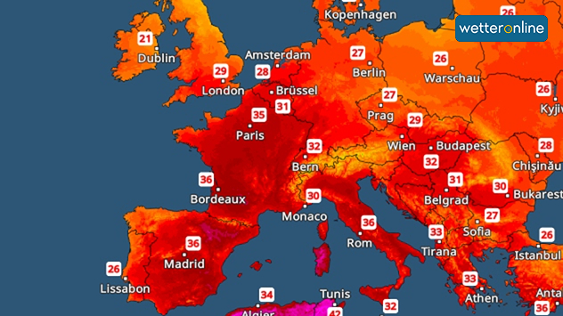TemperaturRadar für Dienstag mit Höchsttemperaturen in Europa. Große Bereiche in West- und Südeuropa erreichen 30 bis 36 Grad, besonders hohe Werte in Spanien, Frankreich und Italien.