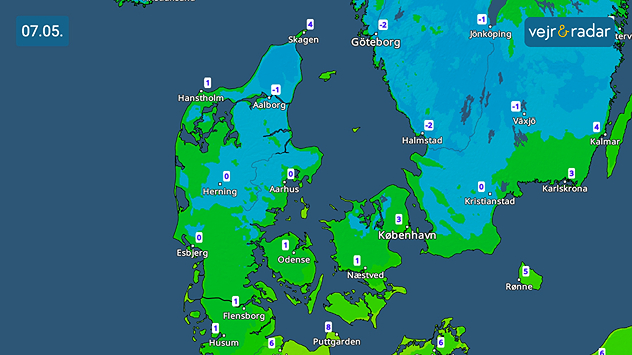 VejrRadar over Danmark den 7. maj med lave temperaturer tæt på frysepunktet i store dele af landet.