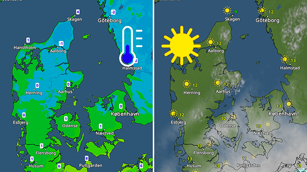Sammenligning af VejrRadar over Danmark med kulde først og efterfølgende solrigt forårsvejr.