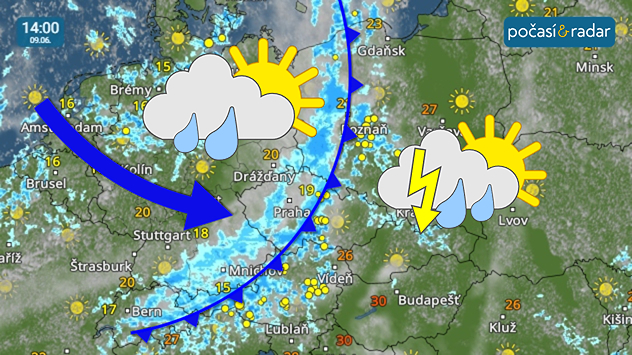 Meteoradar, screenshot, 9. 6. 14:00: V úterý začne počasí v Česku od západu ovlivňovat zvlněná studená fronta.