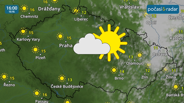 Meteoradar, screenshot, 13. 10. 16:00: Úterý bude v Česku poměrně slunečné a odpolední teploty se budou šplhat až k 16 °C.