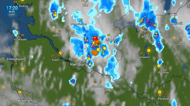Das WetterRadar zeigt die starken Gewitter am späten Sonntagnachmittag.