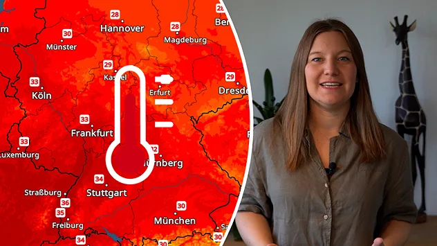 Temperaturradar mit Werten über 30 Grad und daneben eine Moderatorin