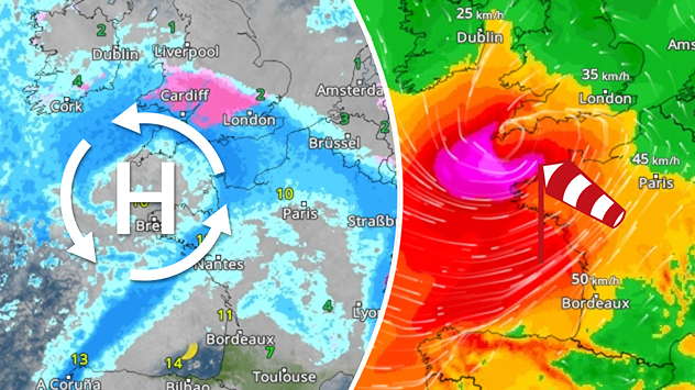Ліворуч на метеорологічному радарі видно область низького тиску з опадами над Західною Європою. Праворуч на вітровому радарі видно штормовий вітер.