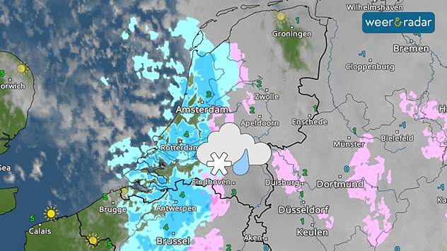 De WeerRadar voor dinsdag toont (winterse) buien. Dit symbool staat ingetekend.