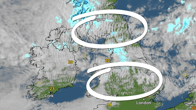 Satellite weather map of the UK and Ireland showing parallel bands of low cloud highlighted over southern Scotland and northern England, with additional cloud streets over Wales and western England circled in white.