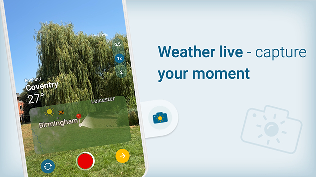 Promotional graphic for the Weather &amp; Radar app showing a smartphone recording a live weather video in Coventry, England, with a temperature of 27°C, zoom controls, a weather map overlay, and the headline “Weather live – capture your moment.”