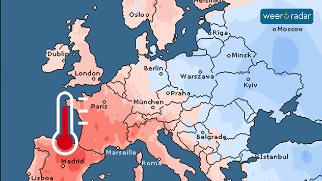 Links is een kaart van Europa te zien waarop de temperatuurafwijkingen in april worden weergegeven, met positieve waarden in West-Europa en negatieve waarden in Oost-Europa. Rechts is een industriegebied te zien met schoorstenen en bomen op de voorgrond.