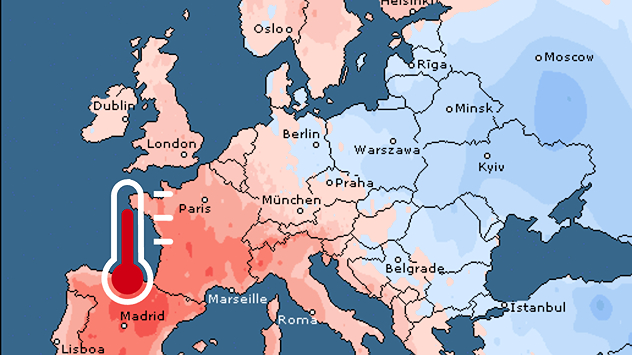 Links is een kaart van Europa te zien waarop de temperatuurafwijkingen in april worden weergegeven, met positieve waarden in West-Europa en negatieve waarden in Oost-Europa. Rechts is een industriegebied te zien met schoorstenen en bomen op de voorgrond.