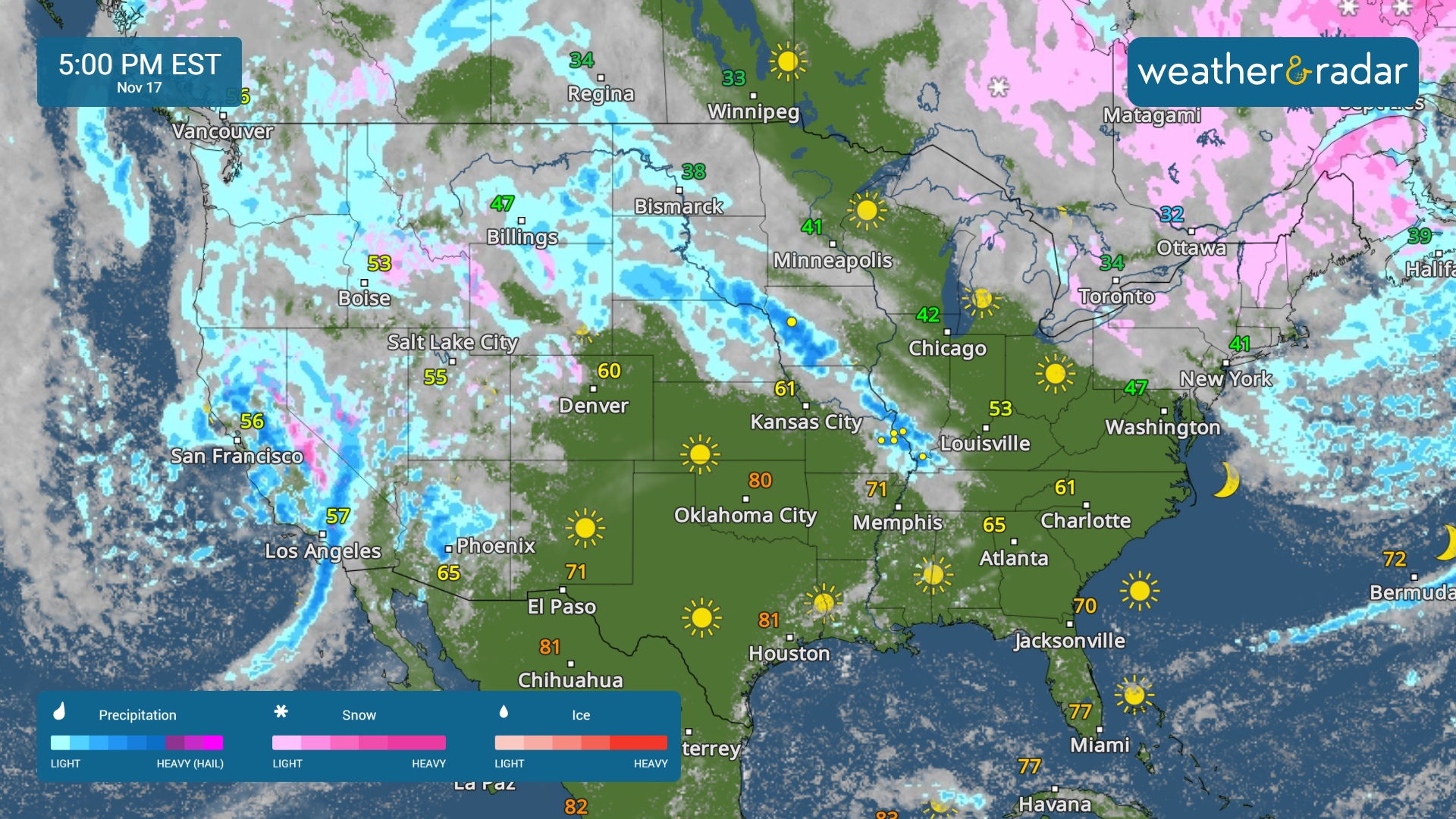 The WeatherRadar shows activity on both coasts today.