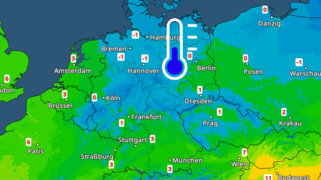 Wetterkarte von Deutschland mit Temperaturfarben in Blau und Grün. Im Norden um 0 Grad, im Süden deutlich milder. Thermometersymbol markiert den Temperaturtrend.