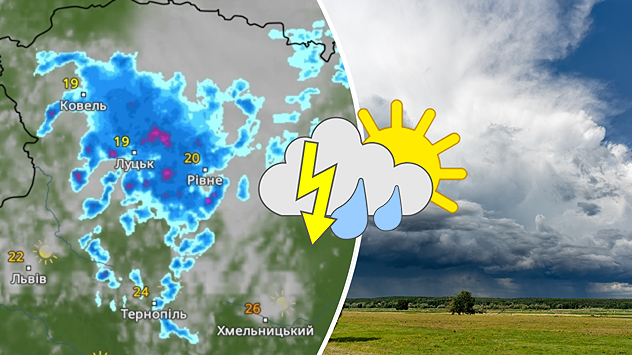 На карті видно зону сильних дощів і гроз над Волинською та Рівненською областями. Поруч — піктограма з блискавкою, дощем і сонцем, що символізує змінну та небезпечну погоду.