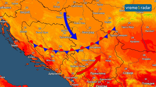 Razlika u temperaturi u ponedeljak