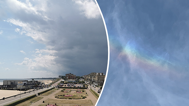 Split image showing storm clouds over a coastal town on the left, and a circumzenithal arc on the right.