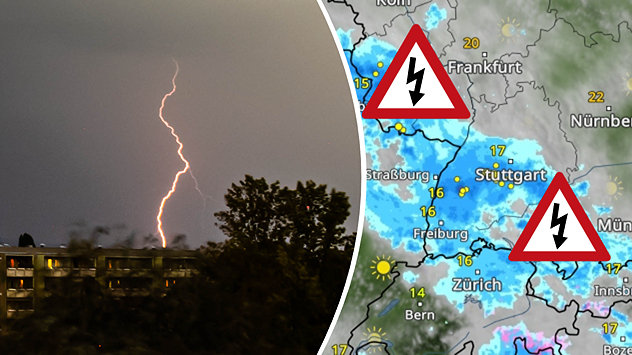 Kombibild mit Blitzfoto und Wetterkarte. Ein Warnsymbol weist auf Gewitter und Blitzschlag hin.