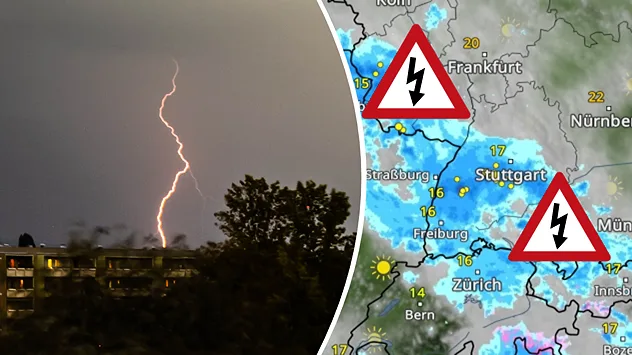 Kombibild mit Blitzfoto und Wetterkarte. Ein Warnsymbol weist auf Gewitter und Blitzschlag hin.