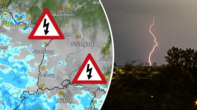 Wetterradar mit Gewitterwarnungen über dem Südwesten Deutschlands und Blitzaufnahme über einer nächtlichen Stadt.