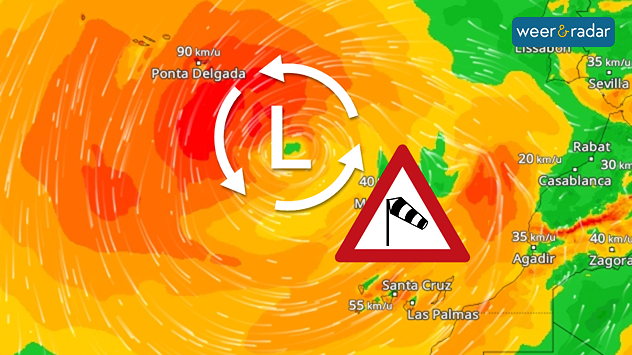 De afbeelding toont de windradar voor de Canarische Eilanden. Er zijn symbolen weergegeven voor een lagedrukgebied en voor storm.