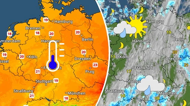 TemperaturRadar und WetterRadar mit kühlerem, wechselhaftem Wetter in Deutschland.