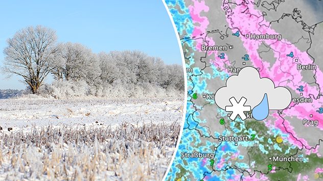 Geteilte Grafik: links winterliche Landschaft mit Schnee und Raureif in Lüdersdorf (Westmecklenburg) am 15. Februar 2026, rechts eine WetterRadar-Karte mit Schnee- und Regengebieten. (c) Veselin Kolev