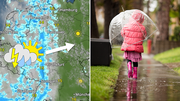 Wetterkarte mit Regen im Westen Deutschlands neben einem Kind mit Regenschirm auf einer regennassen Straße.