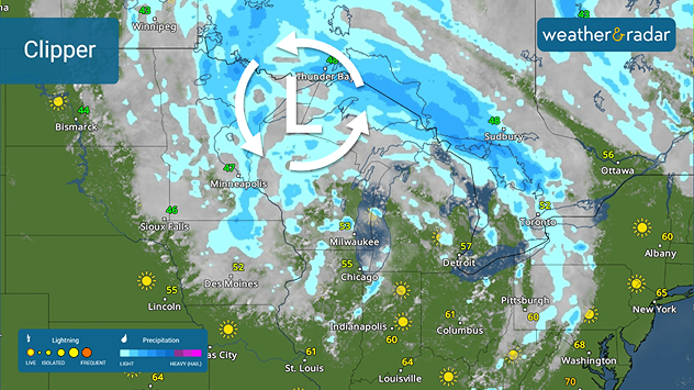 Clipper system bringing rain as seen on the WeatherRadar.