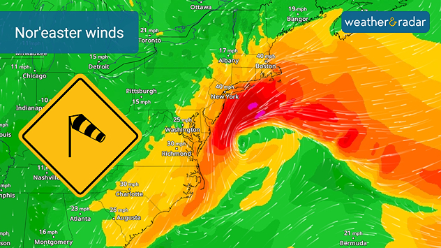 Nor'easter winds will continue impacting the I-95 corridor from the Carolinas to New England.