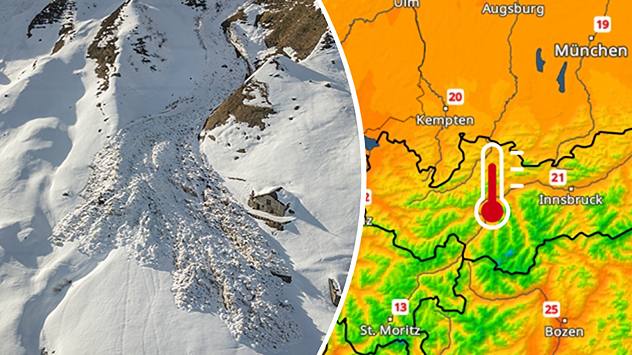Links: Das Bild zeigt eine Lawine in den Bergen, die zwei Häuser nur knapp verfehlte. Rechts: Eine Temperaturkarte von Westösterreich zeigt In den großen Tälern bis zu 22 Grad. Selbst auf den Bergen herrschen deutliche Plusgrade.