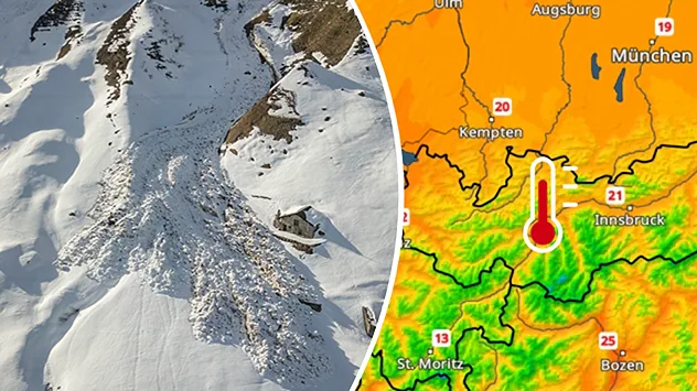 Links: Das Bild zeigt eine Lawine in den Bergen, die zwei Häuser nur knapp verfehlte. Rechts: Eine Temperaturkarte von Westösterreich zeigt In den großen Tälern bis zu 22 Grad. Selbst auf den Bergen herrschen deutliche Plusgrade.