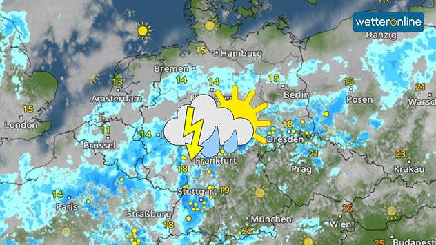 Am Dienstag formiert sich über der Landesmitte eine Luftmassengrenze mit kräftigen Schauern und Gewittern.