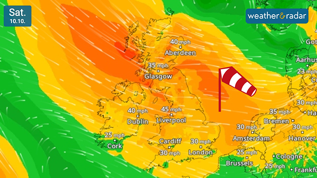 Wind forecast for Saturday 10/10 showing 45 mph near Liverpool, 40 mph near Dublin and Aberdeen, and a red windsock warning symbol over the North Sea.