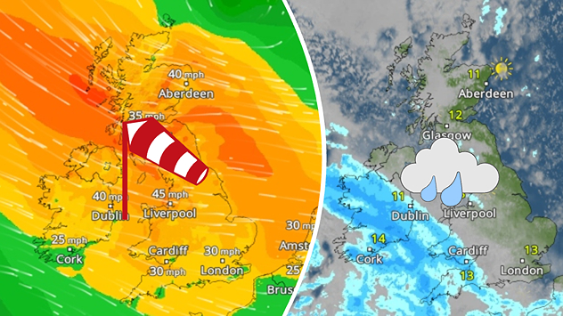 Split weather map showing winds up to 45 mph near Liverpool and 40 mph near Dublin, alongside rain spreading across Ireland, Wales, and western England.