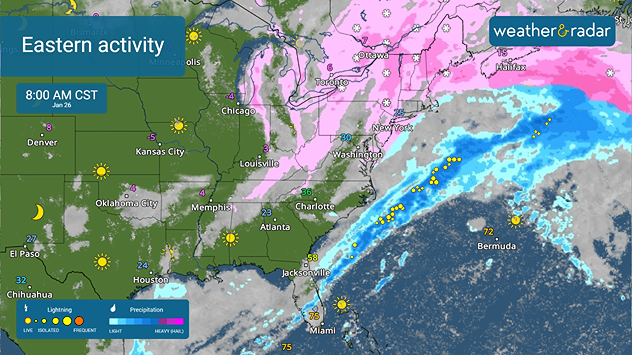 Eastern activity with snow and rain on the WeatherRadar.