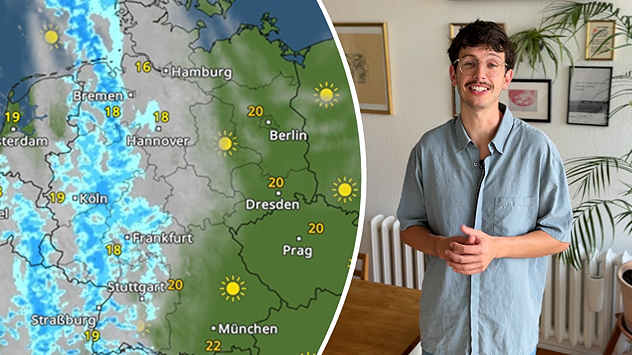 Wetterkarte mit Regen im Westen und Sonne im Osten, daneben ein Wetterexperte.