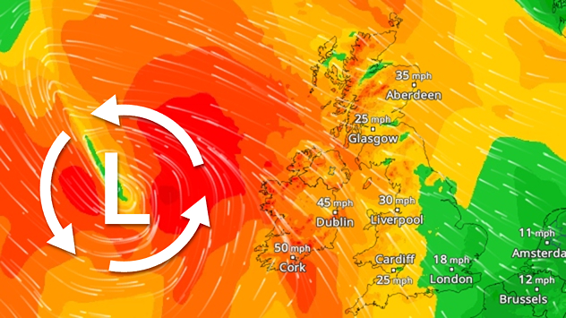 Wind map showing deep Atlantic low pressure west of Ireland, with winds reaching 50 mph near Cork, 45 mph near Dublin and 35 mph near Aberdeen.